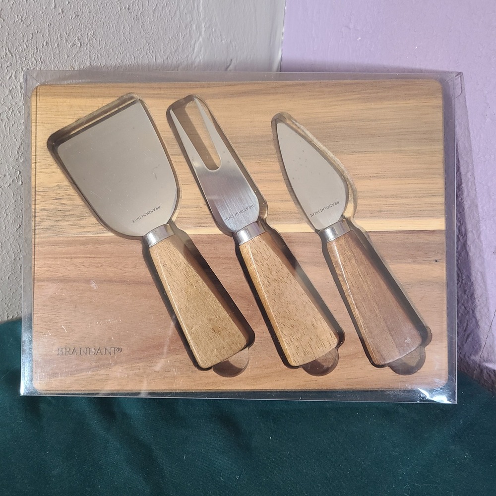 Brandani Italy Acacia Collection Cheese Knife Board Set Wood Stainless Steel 4pc